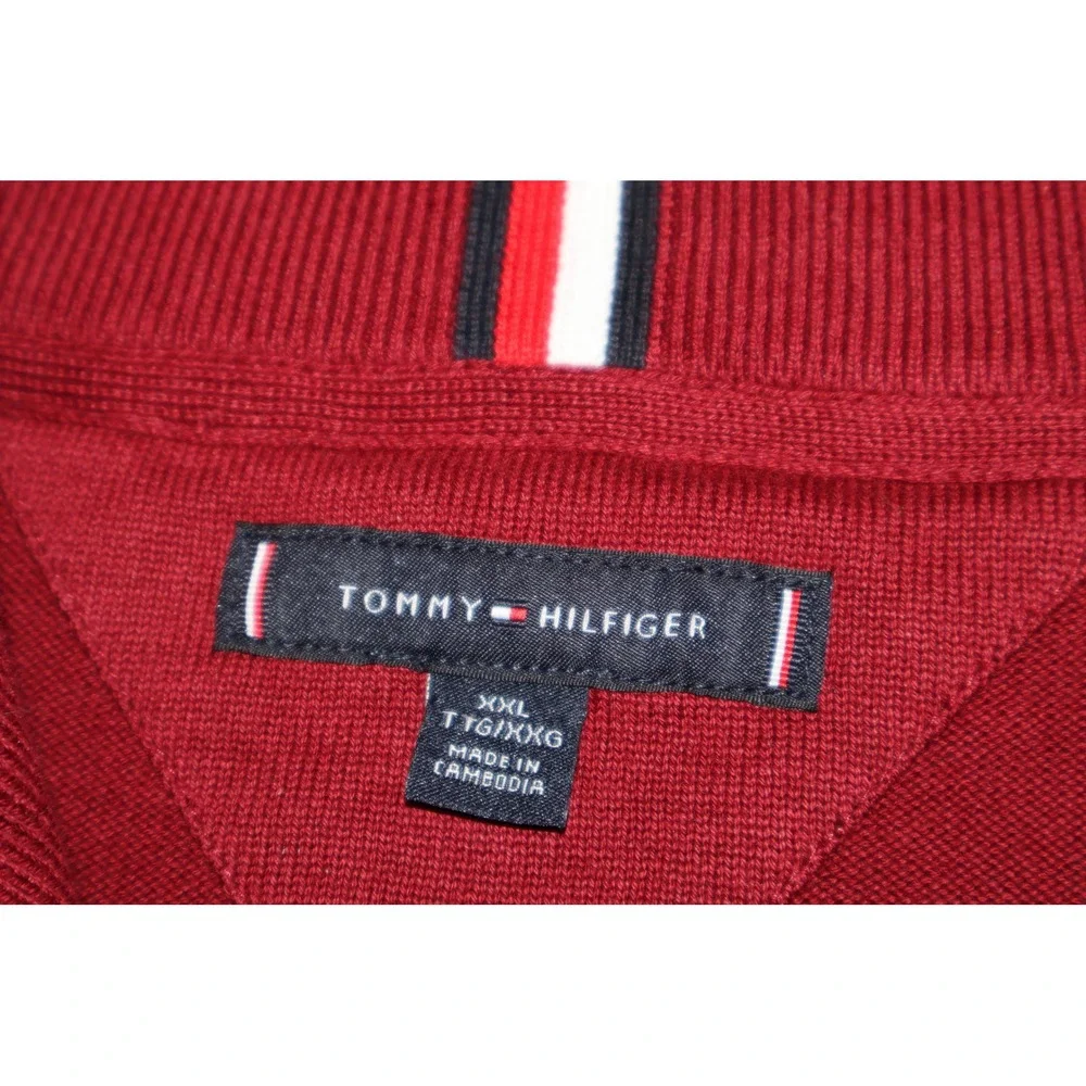 Tommy Hilfiger Sweater Mens XXL Red 1/4 Zip Cotton Pullover Logo Mock Neck